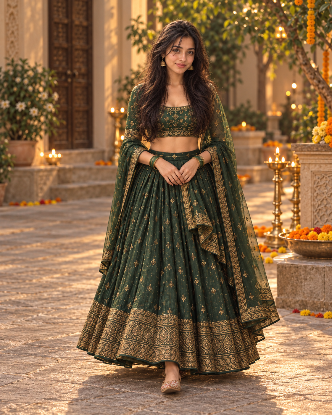 Maya walking in a green festive lehenga across a courtyard
