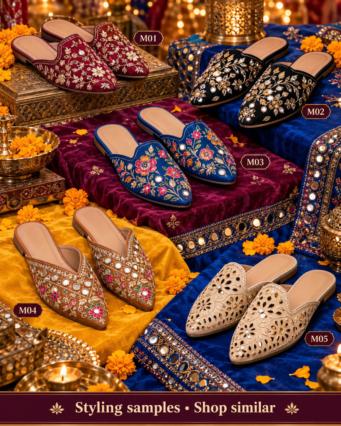 Five numbered embroidered-mule styling samples, M01 to M05. Styling samples, shop similar.
